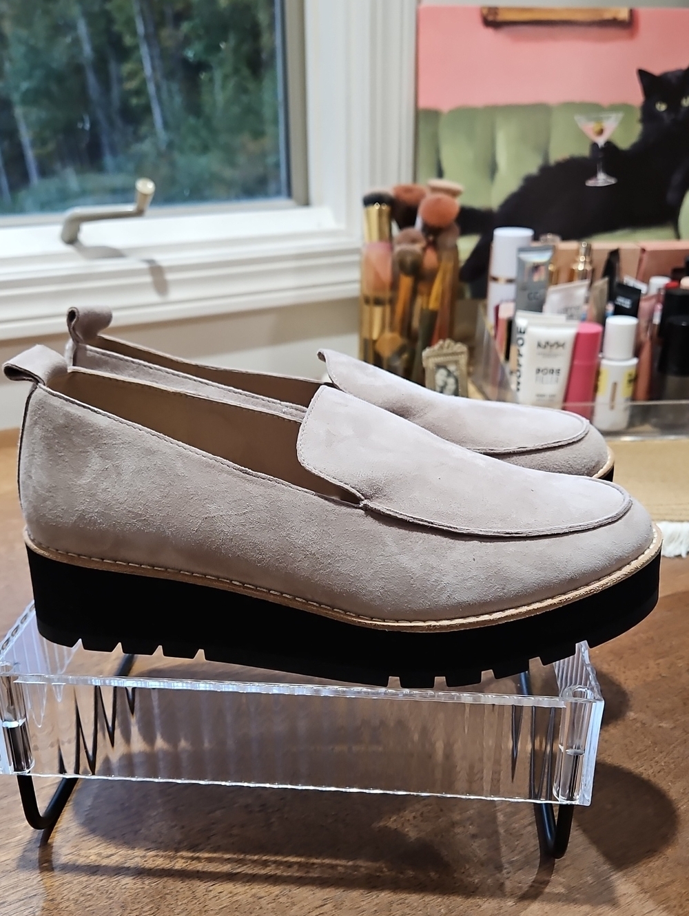 Eileen Fisher Light Taupe Suede Platform Loafers